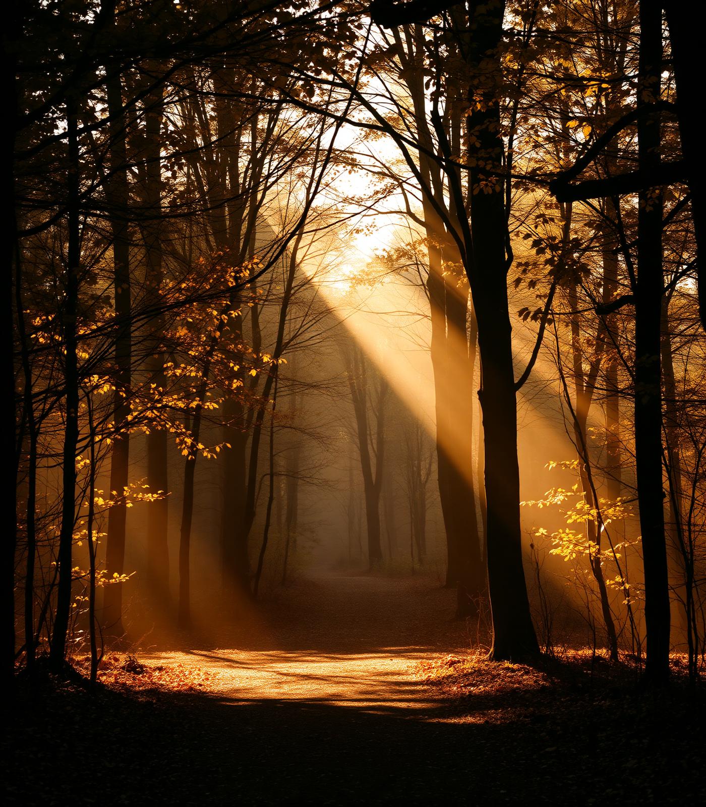 Sunlit forest path in autumn light